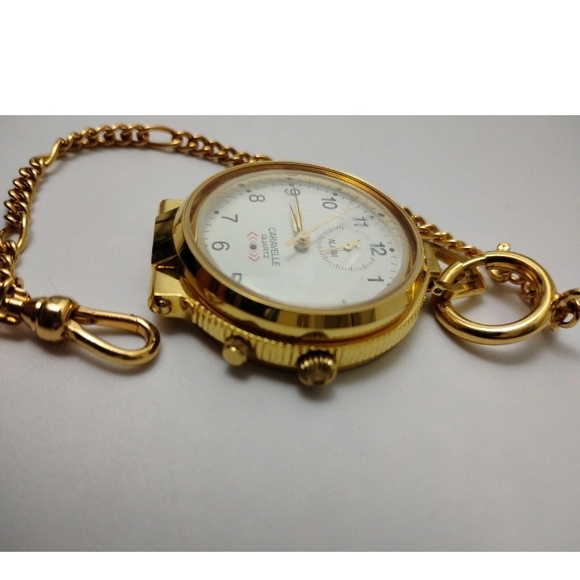 Caravelle Quartz Pocket Watch w/Alarm & Chain Gold-Tone Vintage 90's New Battery - Picture 3 of 4
